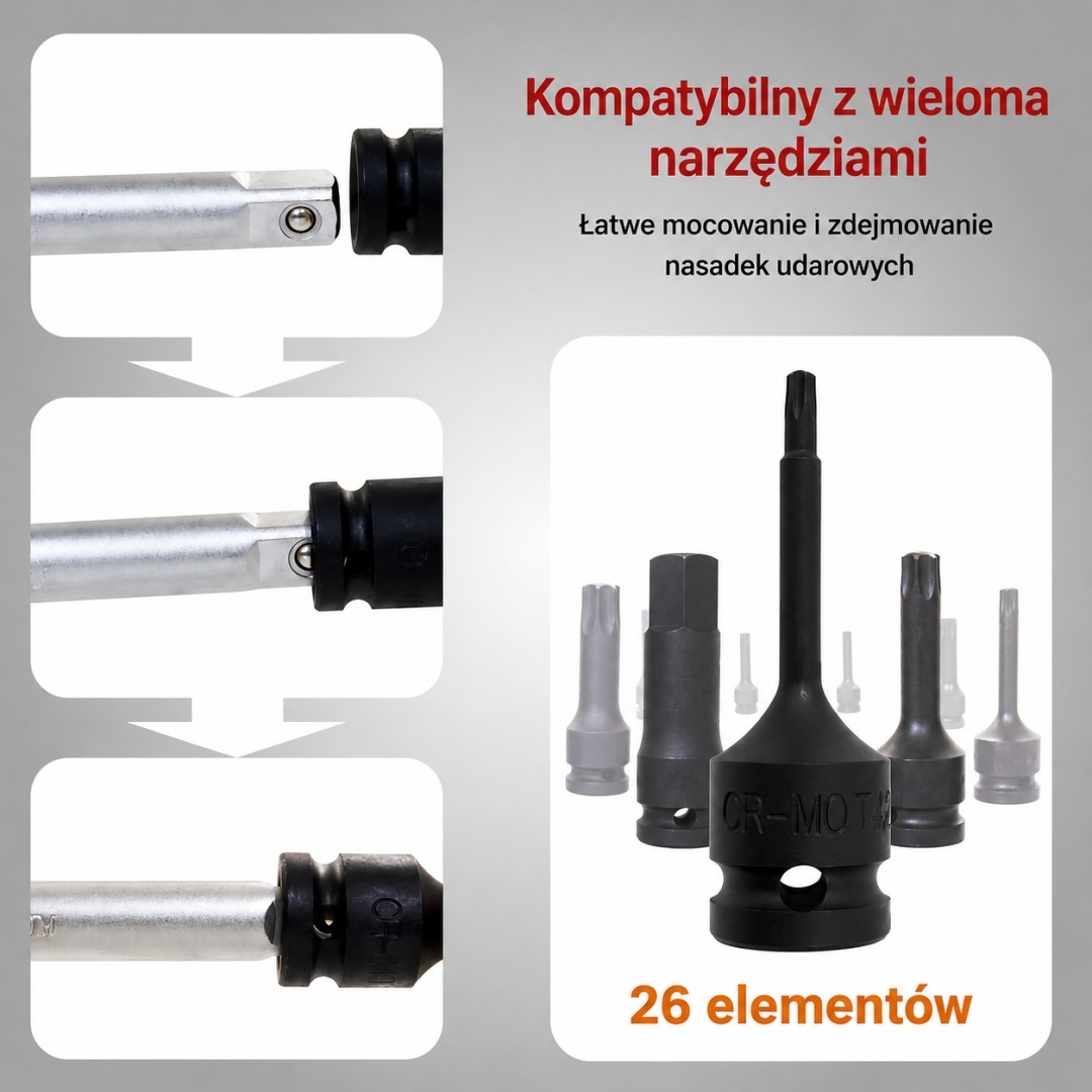 Bituxx 26dílná sada nástrčných klíčů 1/2″ - nástrčné klíče, Torx a vícedrážkové bity, profesionální sada M19607